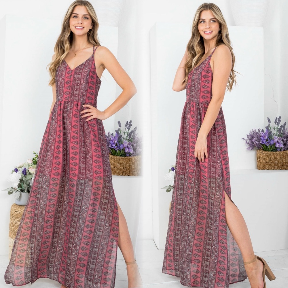 Doe & Rae mauve summer Patterned Spaghetti-Strap Maxi Dress
